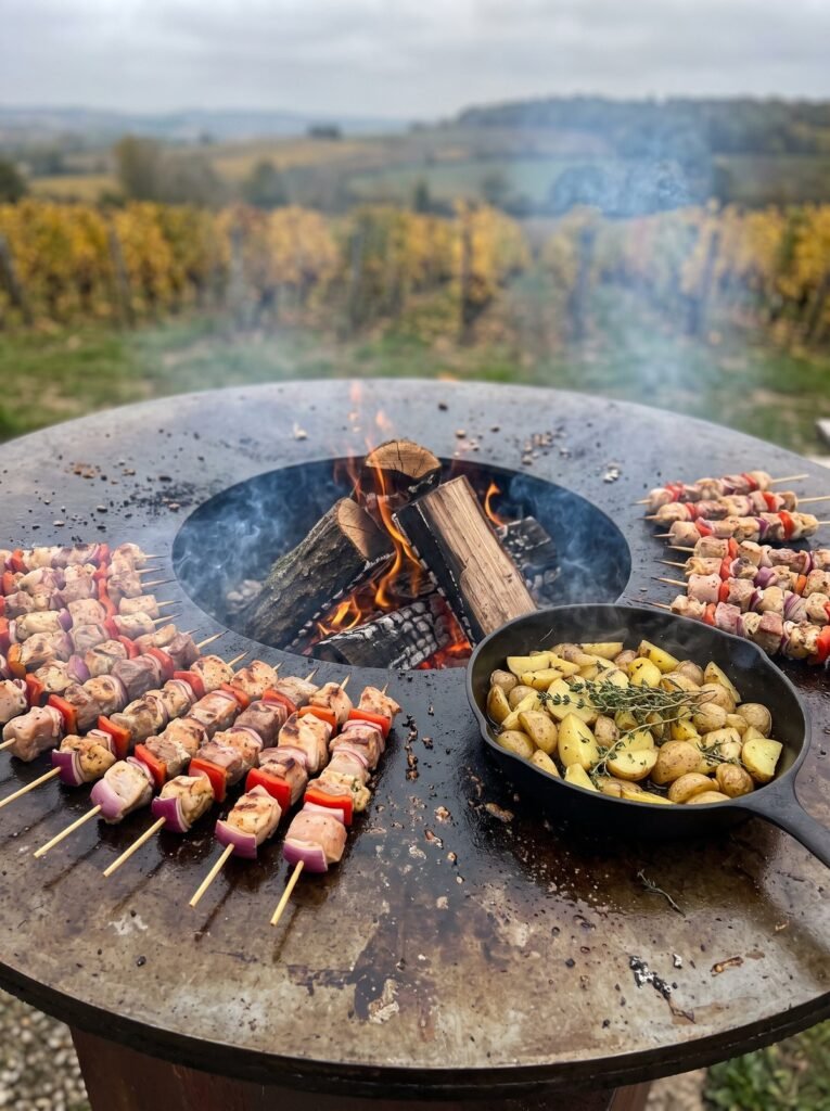 Brochettes de volaille et de porc grillées au brasero, traiteur brasero à Colmar