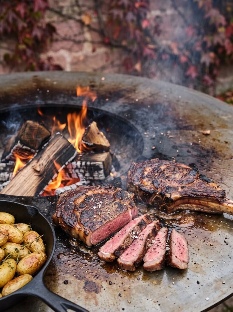 Entrecôtes grillées au feu de bois sur brasero, traiteur brasero à Colmar